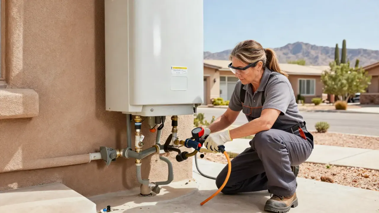 Water Heater Repair in Pahrump, Nevada: close-up of a gas line connection to a water heater, showing proper sealing and