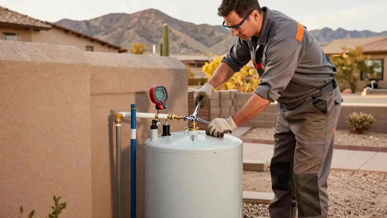Anode Rod Replacement & Tank Flushing in Pahrump, Nevada: licensed plumber using a large socket wrench to remove the old