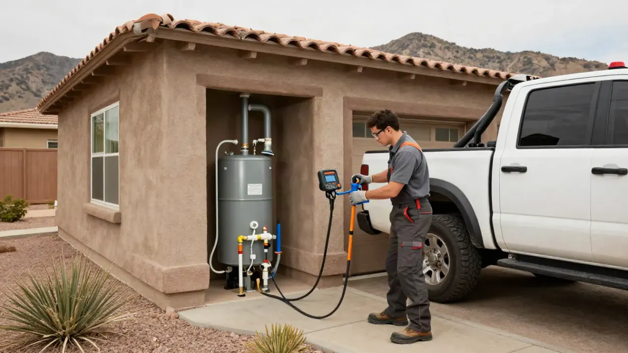 Water Heater Repair in Pahrump, Nevada: licensed plumber's work truck, clean and well-organized, parked in front of a stucco